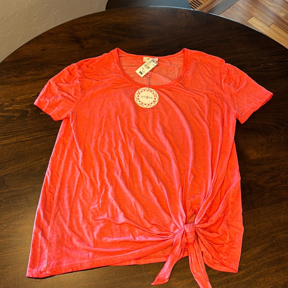 Umgee Coral Pink Tie-Front Short Sleeve Top